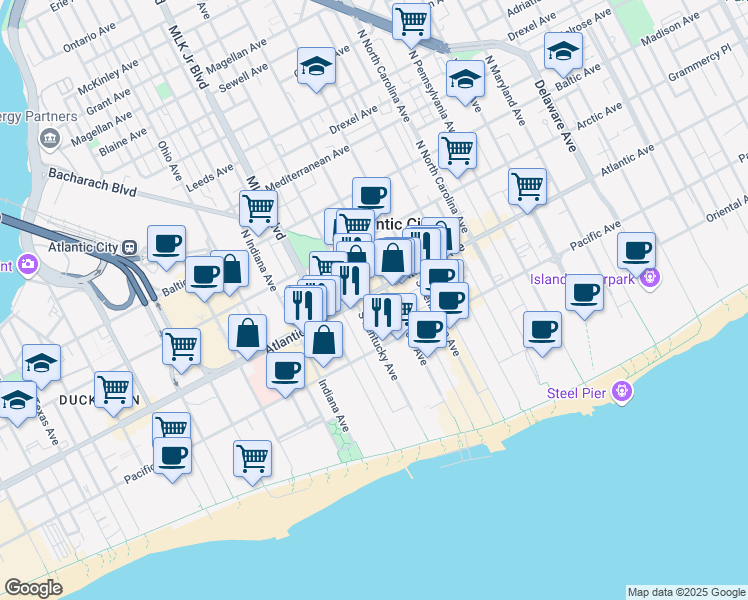 map of restaurants, bars, coffee shops, grocery stores, and more near 1520 Atlantic Avenue in Atlantic City