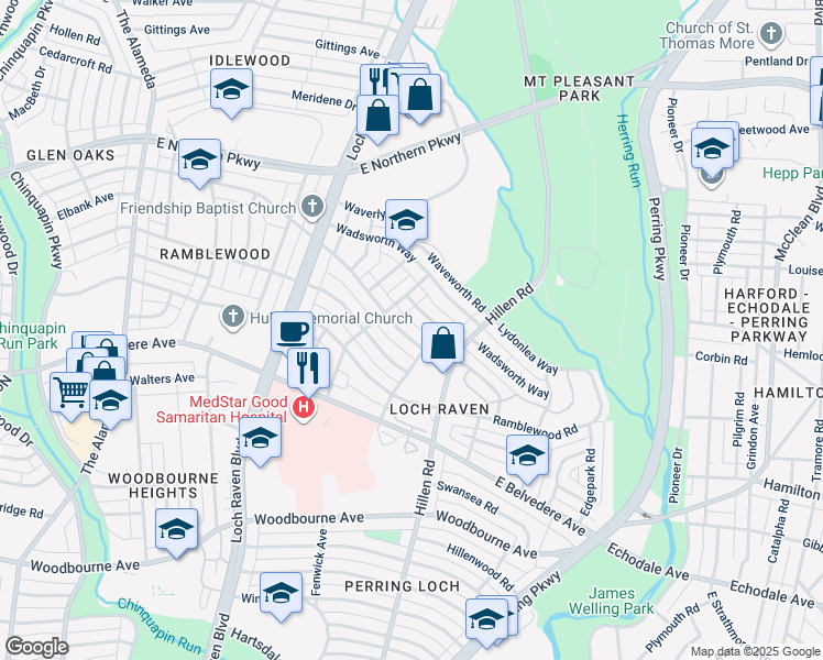 map of restaurants, bars, coffee shops, grocery stores, and more near 1624 Sherwood Avenue in Baltimore