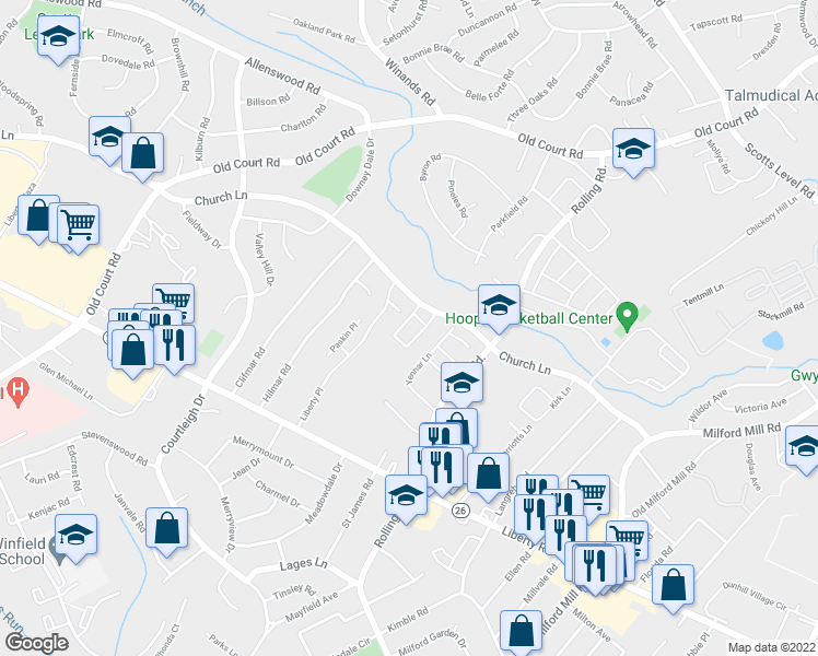 map of restaurants, bars, coffee shops, grocery stores, and more near 43 Western Winds Circle in Milford Mill