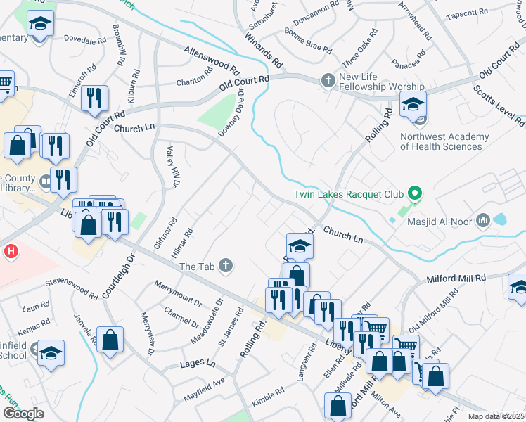 map of restaurants, bars, coffee shops, grocery stores, and more near 33 Western Winds Drive in Milford Mill