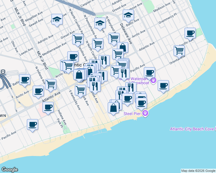 map of restaurants, bars, coffee shops, grocery stores, and more near 101 South North Carolina Avenue in Atlantic City