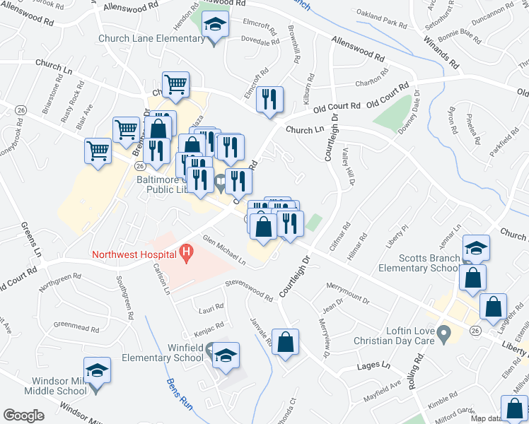 map of restaurants, bars, coffee shops, grocery stores, and more near 8522 Liberty Road in Randallstown