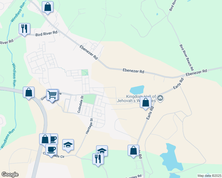 map of restaurants, bars, coffee shops, grocery stores, and more near 6511 Paddington Street in Middle River