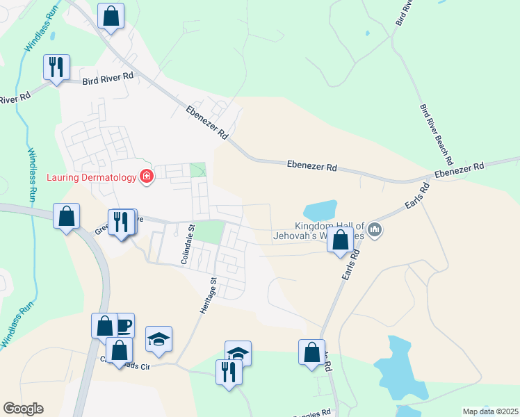 map of restaurants, bars, coffee shops, grocery stores, and more near 6511 Paddington Street in Middle River