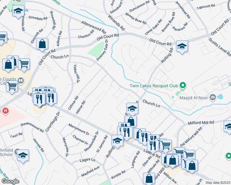 map of restaurants, bars, coffee shops, grocery stores, and more near 100 Western Winds Circle in Milford Mill