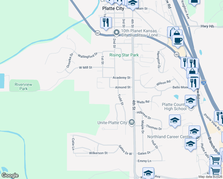 map of restaurants, bars, coffee shops, grocery stores, and more near 1312 Todd Street in Platte City