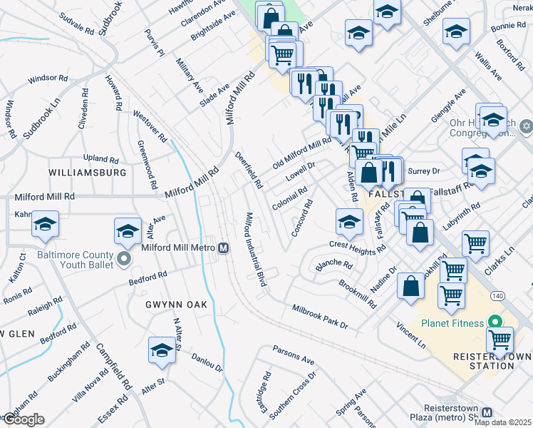 map of restaurants, bars, coffee shops, grocery stores, and more near 7032 Deerfield Road in Pikesville