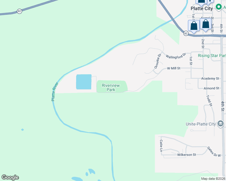 map of restaurants, bars, coffee shops, grocery stores, and more near 150 West Mill Street in Platte City