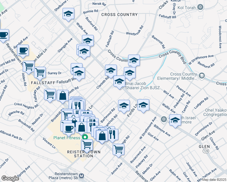 map of restaurants, bars, coffee shops, grocery stores, and more near 3601 Clarks Lane in Baltimore