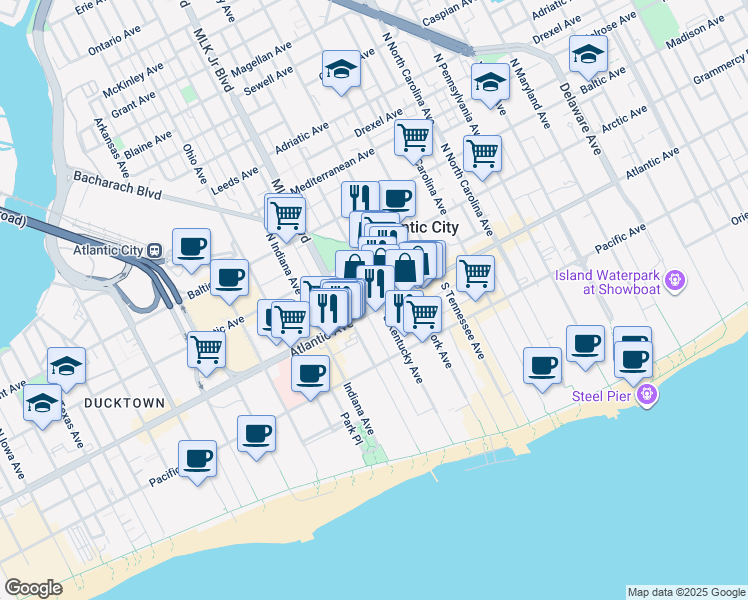 map of restaurants, bars, coffee shops, grocery stores, and more near 27 North Mount Vernon Avenue in Atlantic City