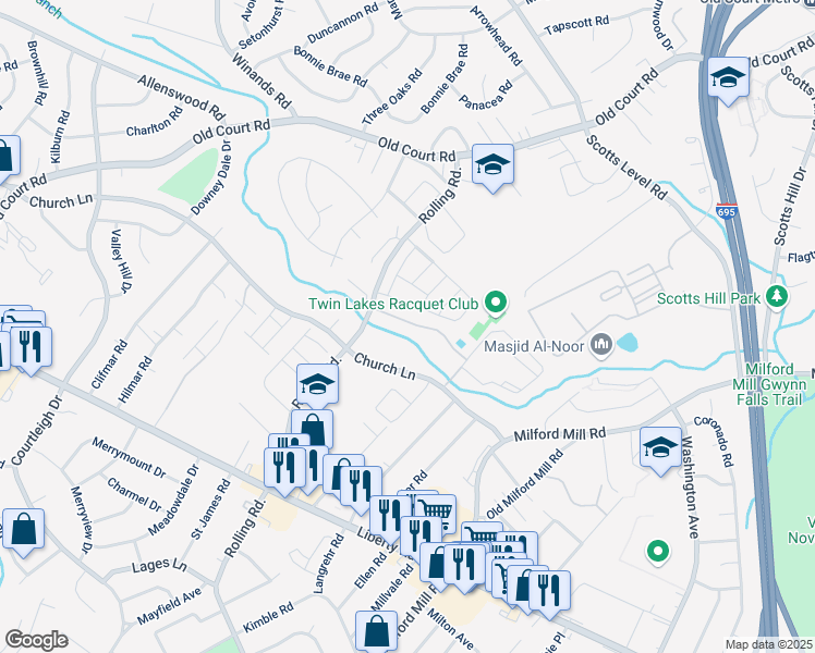 map of restaurants, bars, coffee shops, grocery stores, and more near 8251 Vosges Road in Milford Mill