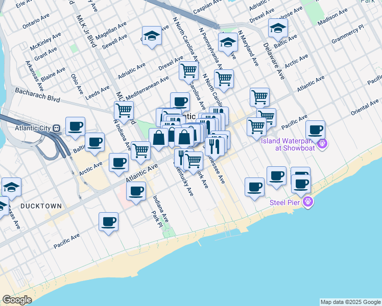 map of restaurants, bars, coffee shops, grocery stores, and more near 1 South New York Avenue in Atlantic City