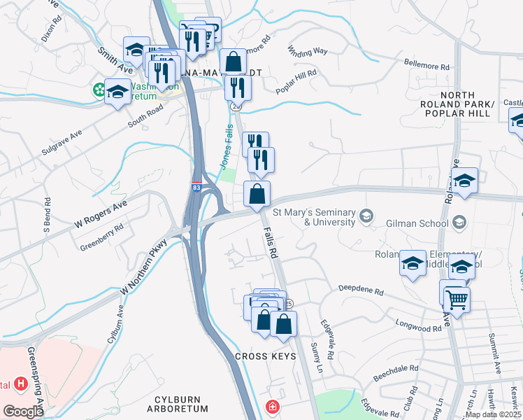 map of restaurants, bars, coffee shops, grocery stores, and more near Falls Road in Baltimore