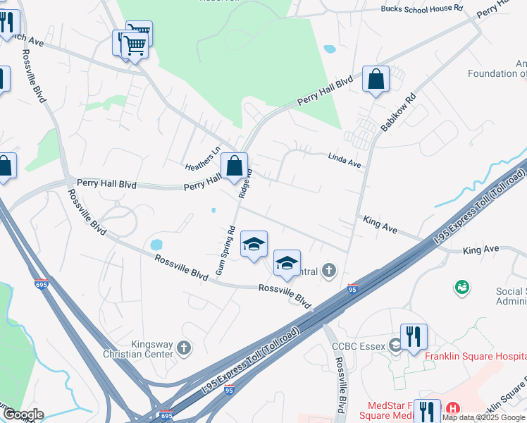 map of restaurants, bars, coffee shops, grocery stores, and more near 4812 Ridge Road in Rosedale