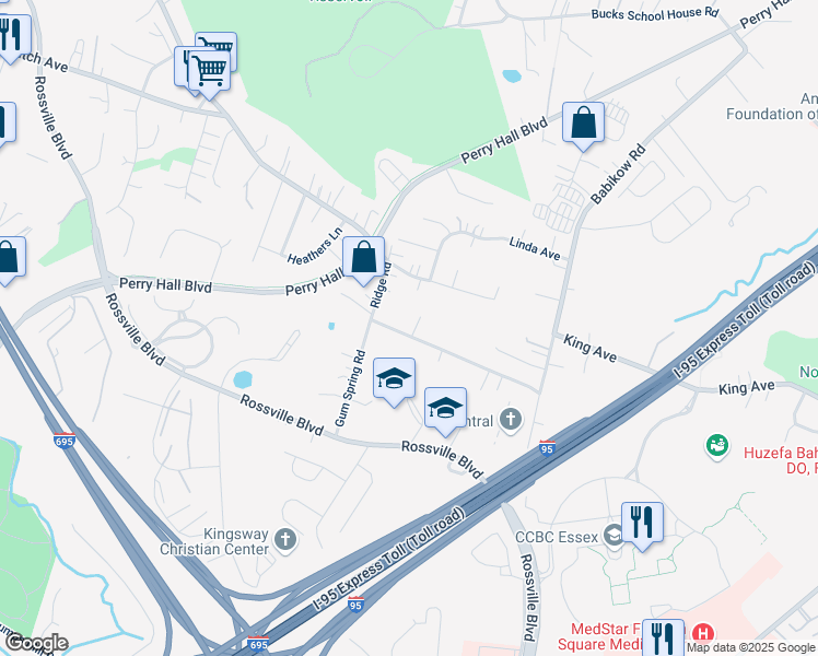 map of restaurants, bars, coffee shops, grocery stores, and more near 4812 Ridge Road in Rosedale
