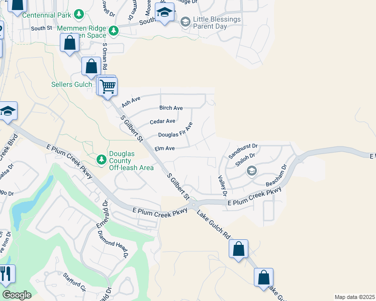 map of restaurants, bars, coffee shops, grocery stores, and more near 122 Elm Avenue in Castle Rock