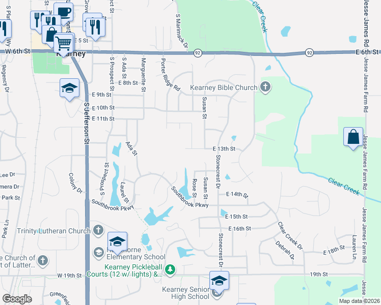 map of restaurants, bars, coffee shops, grocery stores, and more near 723 East 13th Terrace in Kearney