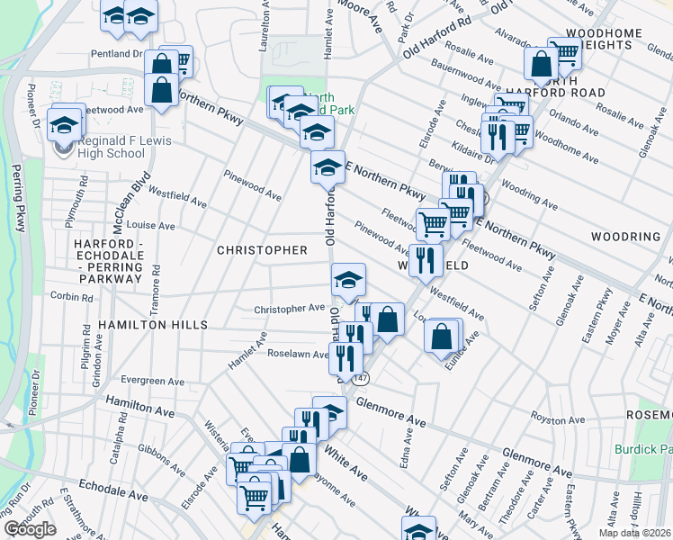 map of restaurants, bars, coffee shops, grocery stores, and more near 2801 Louise Avenue in Baltimore