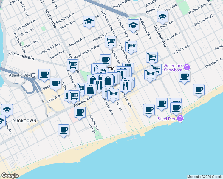map of restaurants, bars, coffee shops, grocery stores, and more near 1 South New York Avenue in Atlantic City