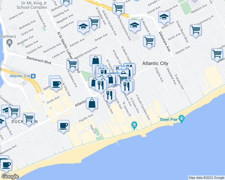 map of restaurants, bars, coffee shops, grocery stores, and more near 1 South New York Avenue in Atlantic City