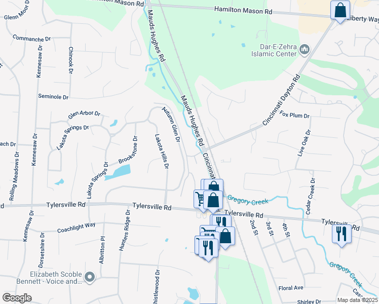 map of restaurants, bars, coffee shops, grocery stores, and more near 7646 Shawnee Lane in Butler County