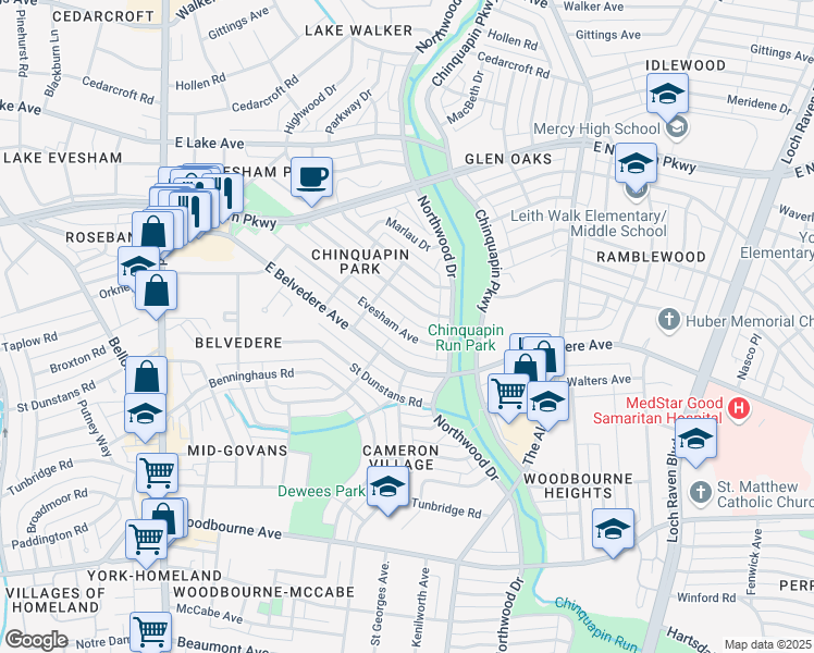 map of restaurants, bars, coffee shops, grocery stores, and more near 1006 Evesham Avenue in Baltimore