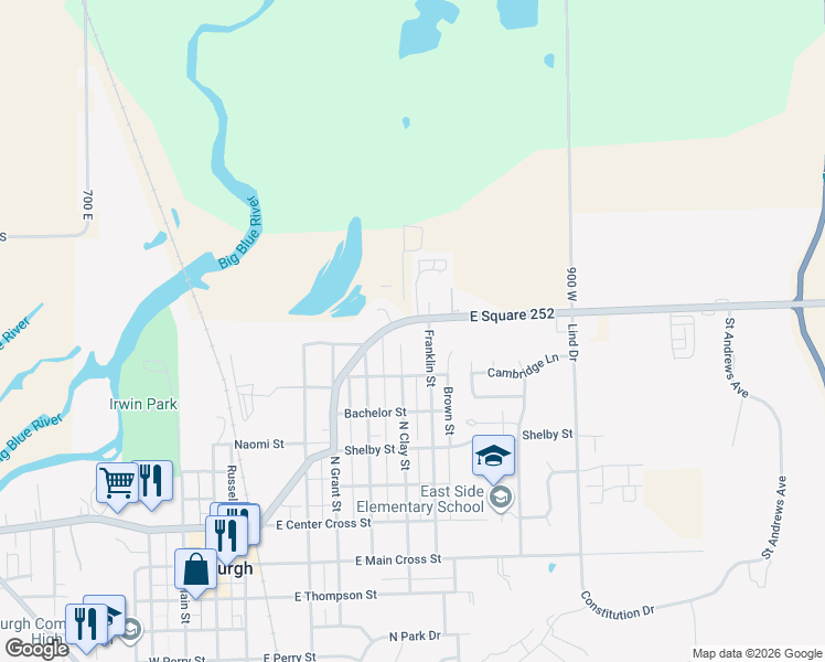 map of restaurants, bars, coffee shops, grocery stores, and more near 7653 Indiana 252 in Edinburgh