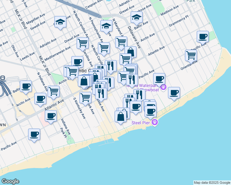 map of restaurants, bars, coffee shops, grocery stores, and more near 101 South North Carolina Avenue in Atlantic City