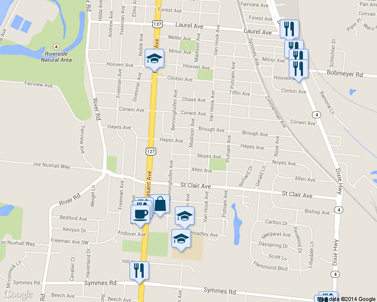 map of restaurants, bars, coffee shops, grocery stores, and more near 724 Noyes Avenue in Hamilton