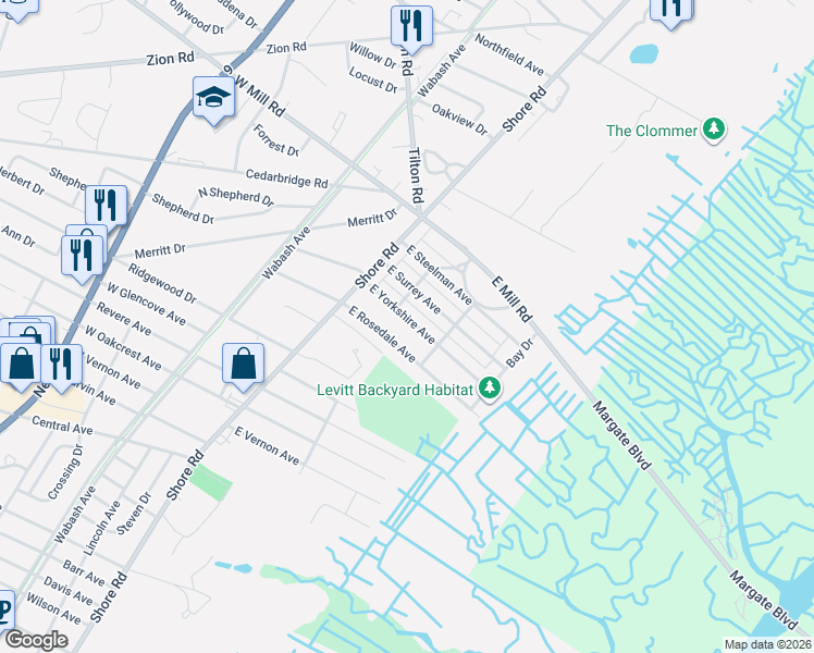 map of restaurants, bars, coffee shops, grocery stores, and more near 108 East Yorkshire Avenue in Northfield