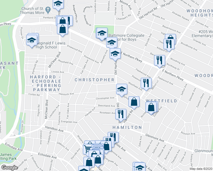 map of restaurants, bars, coffee shops, grocery stores, and more near 2719 Louise Avenue in Baltimore