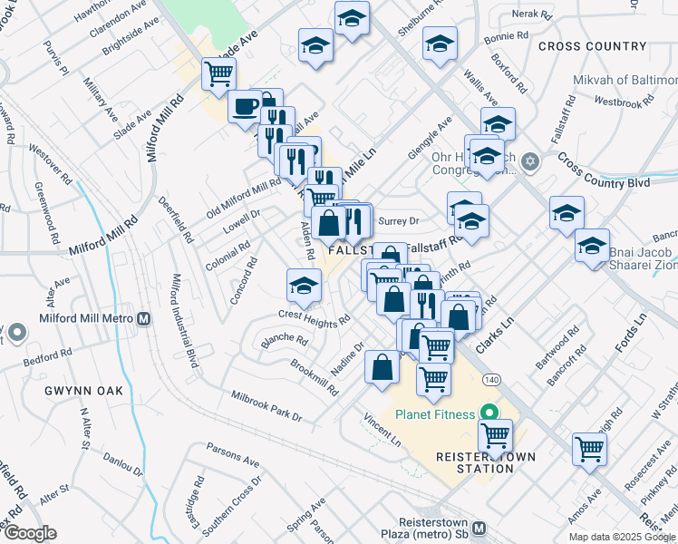 map of restaurants, bars, coffee shops, grocery stores, and more near 4136 Fallstaff Road in Baltimore