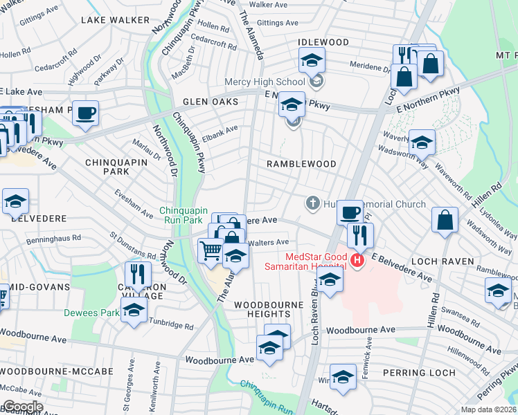 map of restaurants, bars, coffee shops, grocery stores, and more near 1209 Evesham Avenue in Baltimore