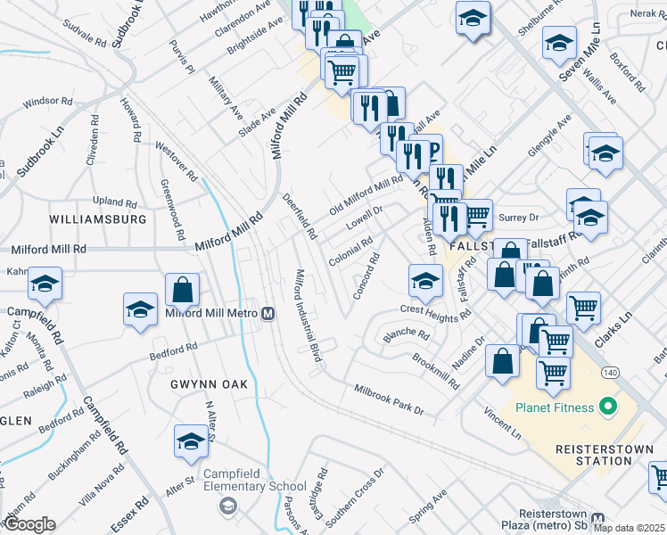map of restaurants, bars, coffee shops, grocery stores, and more near 7025 Deerfield Road in Baltimore