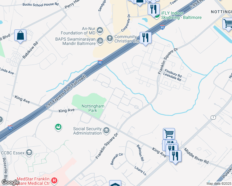 map of restaurants, bars, coffee shops, grocery stores, and more near 5209 Castlestone Drive in Rosedale