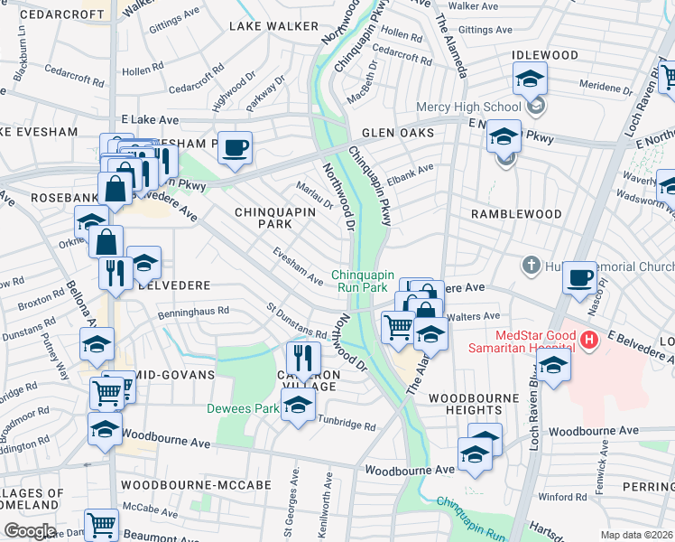 map of restaurants, bars, coffee shops, grocery stores, and more near 1053 Reverdy Road in Baltimore
