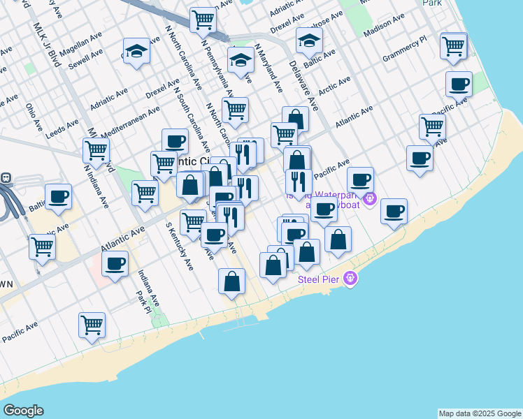 map of restaurants, bars, coffee shops, grocery stores, and more near 101 South North Carolina Avenue in Atlantic City