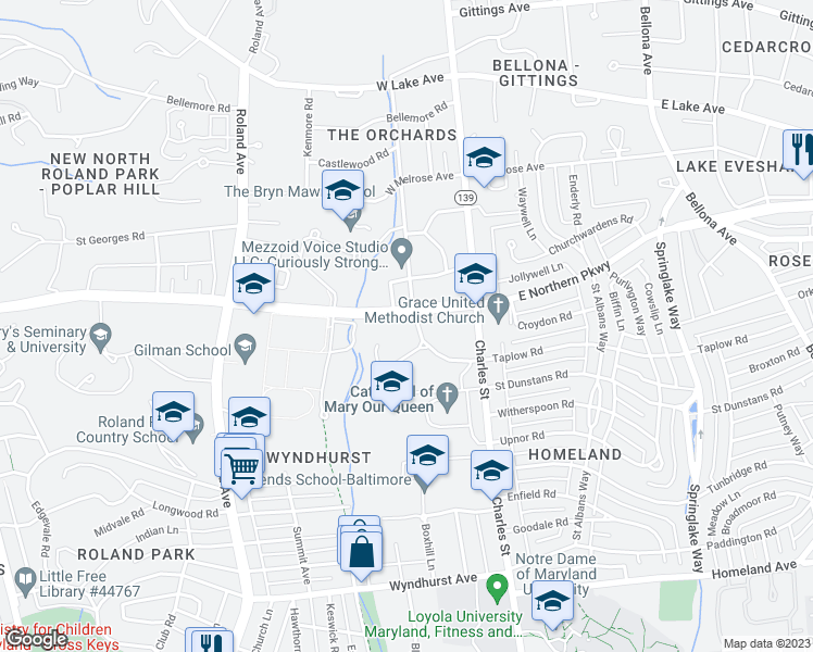 map of restaurants, bars, coffee shops, grocery stores, and more near 98 Cotswold Road in Baltimore