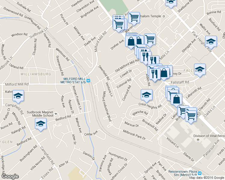 map of restaurants, bars, coffee shops, grocery stores, and more near 7032 Deerfield Road in Pikesville