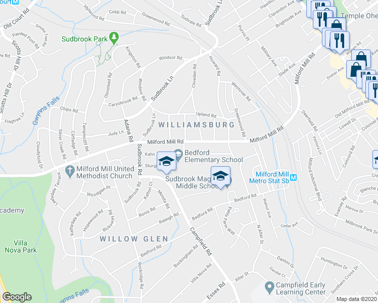 map of restaurants, bars, coffee shops, grocery stores, and more near 626 Kahn Dr in Pikesville