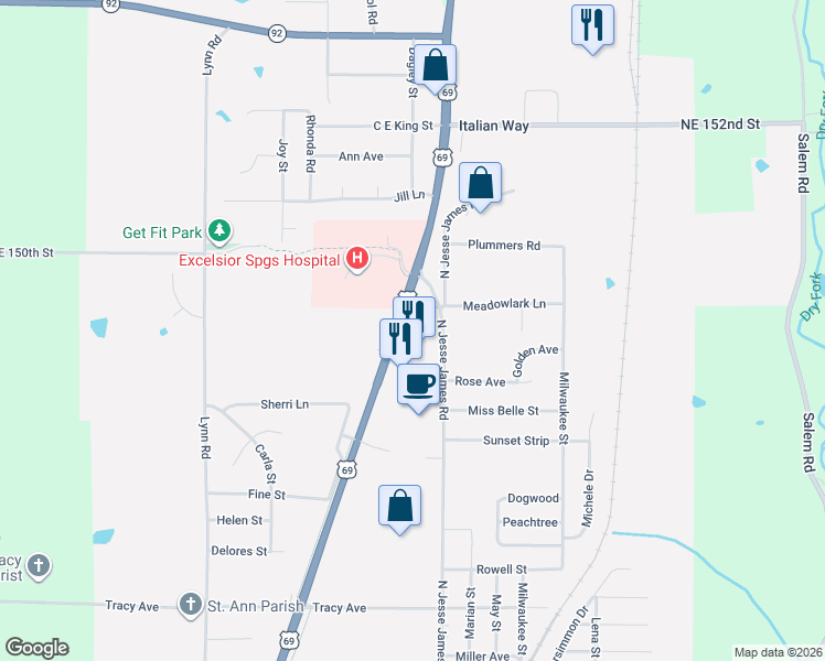 map of restaurants, bars, coffee shops, grocery stores, and more near West Meadowlark Lane in Excelsior Springs