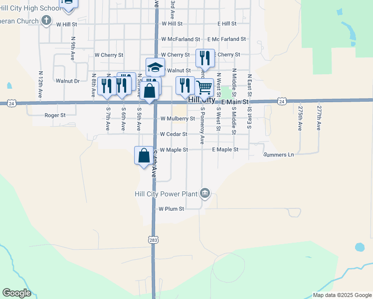 map of restaurants, bars, coffee shops, grocery stores, and more near 200 West Maple Street in Hill City