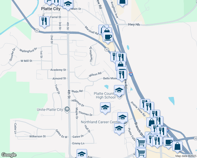 map of restaurants, bars, coffee shops, grocery stores, and more near 16 Bellomondo Drive in Platte City