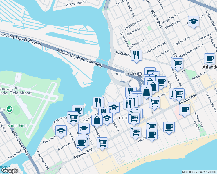 map of restaurants, bars, coffee shops, grocery stores, and more near 2420 Sunset Avenue in Atlantic City