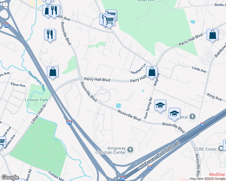 map of restaurants, bars, coffee shops, grocery stores, and more near 3 Cedar Grove Court in Rosedale