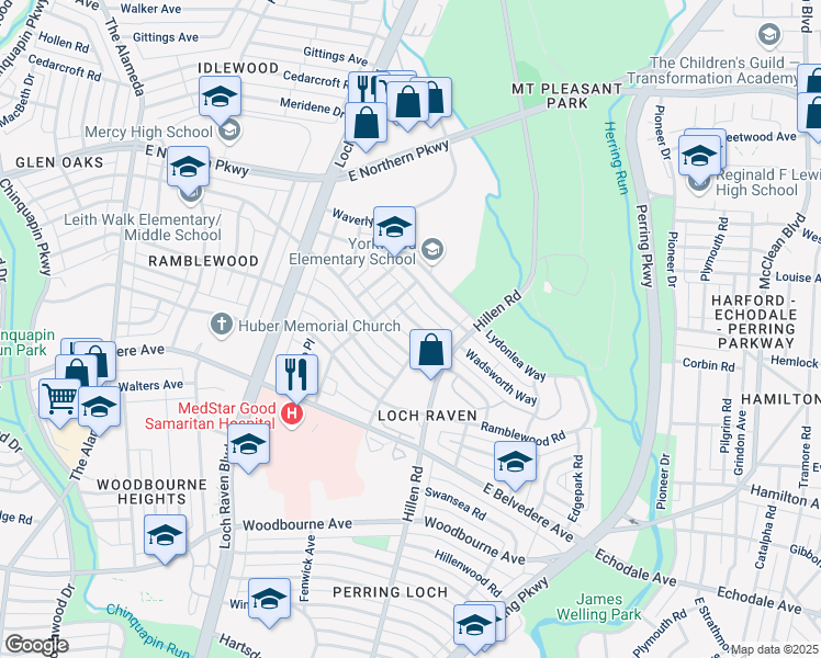 map of restaurants, bars, coffee shops, grocery stores, and more near 1615 Walterswood Road in Baltimore