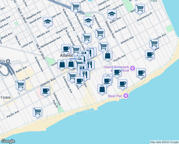 map of restaurants, bars, coffee shops, grocery stores, and more near 1211 Pacific Avenue in Atlantic City