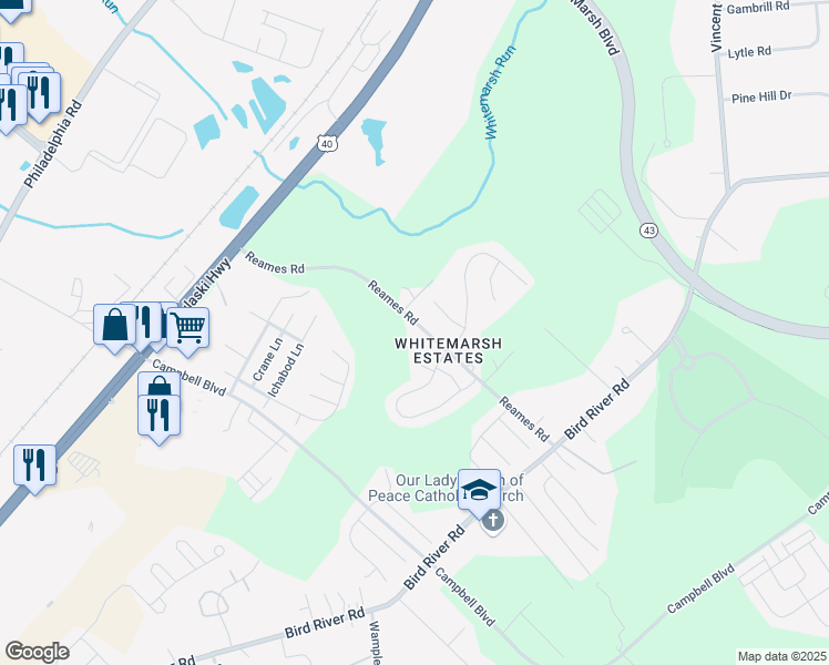 map of restaurants, bars, coffee shops, grocery stores, and more near 1212 Reames Road in Middle River