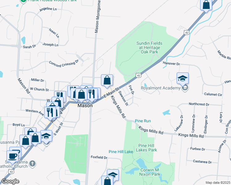 map of restaurants, bars, coffee shops, grocery stores, and more near 207 East Main Street in Mason