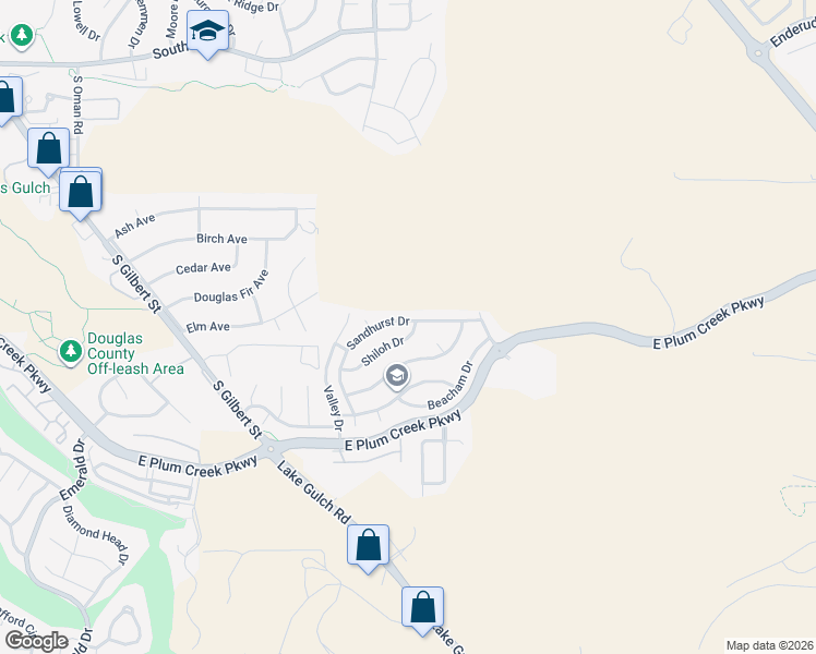 map of restaurants, bars, coffee shops, grocery stores, and more near 2157 Shiloh Drive in Castle Rock